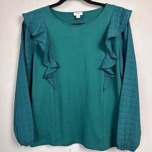 J.Crew Women Blouse Emerald Green Ruffle-Trim Long Sleeve Top Holiday Cottage‎